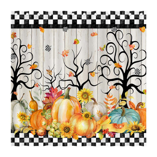 Juirnost Autumn Pumpkin Shower Curtain Rustic Fall Thanksgiving Day Shower Curtain Black White Buffalo Check Plaid Tree Farmhouse Rustic Plank Wooden Board Decor Bathroom Curtain with 12 Hooks 72"x72"