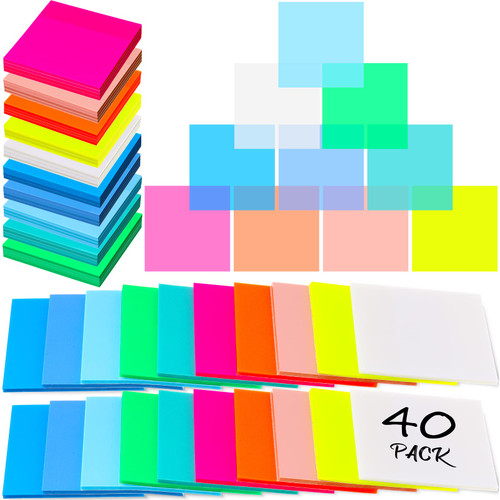 40 Packs 2000 Sheets Colored Translucent Sticky Notes 3 x 3 Inch Colorful Clear Sticky Notes Transparent Waterproof Sticky Notes Translucent Memo Pads for Office School Message Reminder