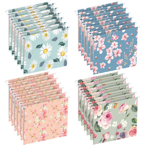 24 Pcs Hanging File Folders Letter Size 1/5 Cut Adjustable Tab Modern Classic Cute File Organizer Decorative Cute Folders for Office Supplies School Classroom 9.3 x 11.7 Inch, 4 Designs (Floral Style)