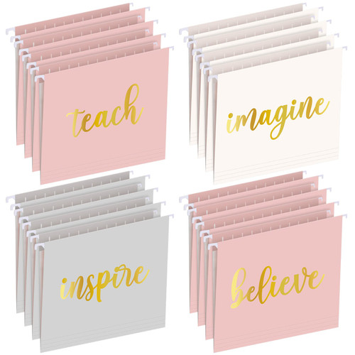 24 Pack Hanging File Folders, 1/5 Cut Adjustable Tab, Decorative Cute Folders for Office Supplies School Classroom 9.3 x 11.7 Inch, 4 Designs (Word Style)