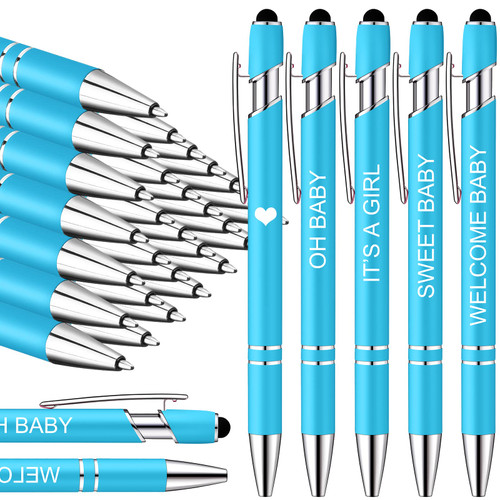 Outus 50 Pcs Baby Shower Ballpoint Pen with Stylus Tip 2 in 1 Metal Pen Retractable Pens Stylus Black Ink Pens for Baby Shower Party Favors, Black Ink (Light Blue, Boy)