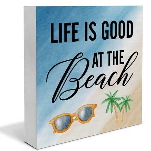 Rustic Beach Life Wood Box Sign Decor Desk Sign Beach Wooden Box Block Sign Seaside Signs Farmhouse Home Shelf Wall Decoration