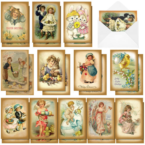 24 Set Vintage Easter Cards with Envelopes Retro Easter Note Cards Retro Bunny Chicks Greeting Cards Assorted Bunnies Blank Set Retro Boxed Note Cards for Party Classroom Office Business