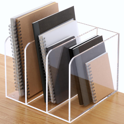 File Organizer for Desk, Clear Acrylic Magazine Holder, Office Accessories, Desk Book Storage with 4 Vertical Organizer Spaces, Desk Folder Organizer.