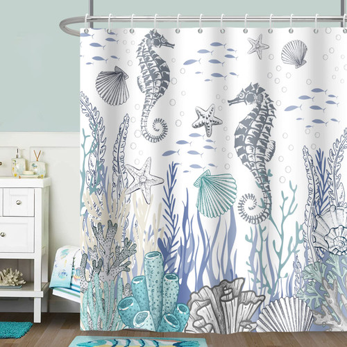 Beach Theme Shower Curtain Nautical Coastal Shower Curtain for Bathroom Decor Ocean Coral Bathroom Curtain Seashell Starfish Seahorse Waterproof Fabric Bath Curtain with Hooks 72"x72" Washable