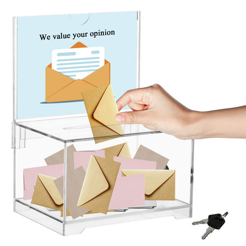 YOUEON Acrylic Donation Box with Lock and Sign Holder, 6.3 x 4.5 x 4 Inches Clear Suggestion Box, Ballot Box, Tip Jar, Ticket Box, Vote Box, Comment Box for Voting, Charity, Suggetstion Collection