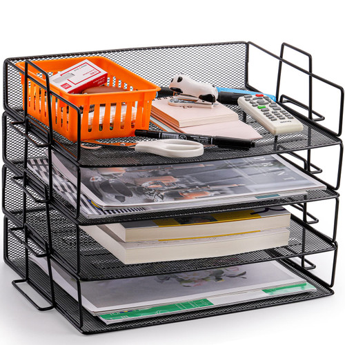 YOUEON 4 Tier Stackable Letter Tray Paper Organizer, Mesh Desk File Organizer with Handle, Desk Paper Organizer, Desktop Document Shelf Tray for Desk, Home, Office, School, Black