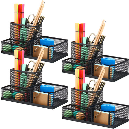 4 Pcs Mesh Desk Organizer 3 Compartments Mesh Pen Holder Sticky Notes Pencil Holder Black Metal Desk Caddy Desk Pen Organizer for Desktop Accessories Storage Baskets Home Office and School Supplies