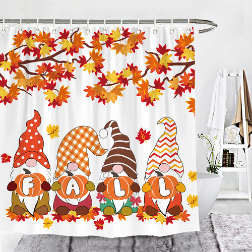 Wencal Fall Gnomes Shower Curtain Maple Tree Leaves Pumpkins Autumn Bathroom Decor with Hooks 72 x 72 Inches