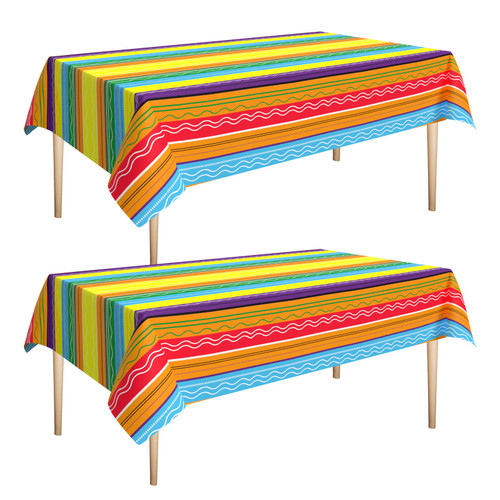 2 Pieces Mexican Fiesta Tablecloth Mexican Plastic Table Cover Cinco De Mayo Decorations Muti-Colored Stripes Mexico Table Cloth For Mexican Fiesta Taco Night Birthday Theme Party Decoration Supplies