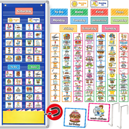 Torlam Visual Schedule for Kid Chore Chart Pocket Charts, Toddler Morning Bedtime Routine Chart Responsibility Daily Schedule Board, Autism Learning Materials PECS ASD ADHD Tools for Home, 105 Cards