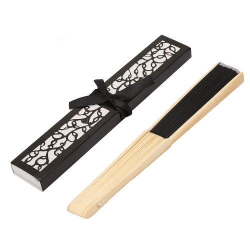 Chinese Style Bamboo Folding Fan,plplaaoo Floral Folding,Laser Cut Gift Box Party Handheld Fabric Folding Fan with Tassel,Vintage Pattern Hand Fan,Hollowed Hand Holding Fan for Gift Decoration(Black)