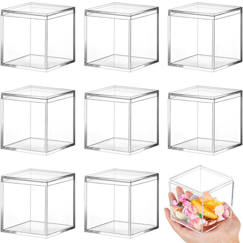 8 Pieces Clear Acrylic Plastic Jewelry Box Mini Storage Box Mini Cube Containers with Lids Storage Candy Box for Candy Pill and Tiny Jewelry (Square, 2.9 x 2.9 x 2.9 Inch)
