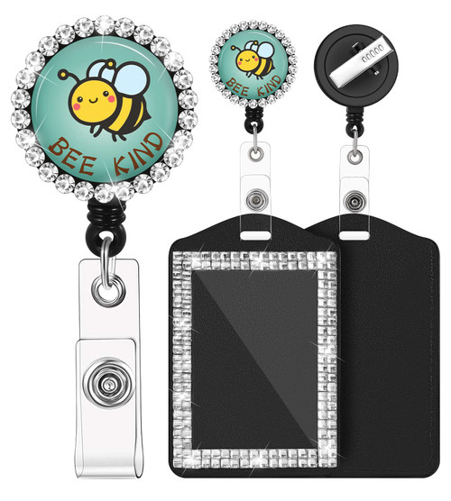Badge Reels Retractable with ID Clip Bling Rhinestone Badge Holder for Nurse Name Tag Card Funny Bee Kind Nursing Doctor Teacher Student Medical MD Office Alligator Clip ZJK880