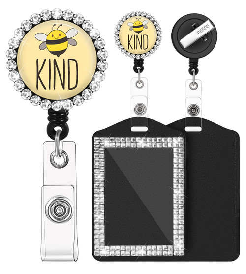 Badge Reels Retractable with ID Clip Bling Rhinestone Badge Holder for Nurse Name Tag Card Cute Funny Bee Kind Nursing Doctor Teacher Student Medical MD Office Alligator Clip ZJK889