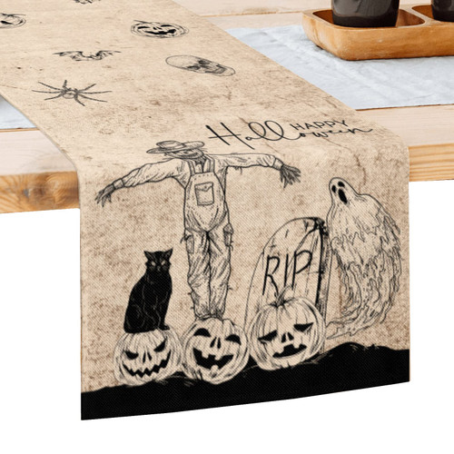 Halloween Table Runner 72 Inches Long Farmhouse Rustic Skull Halloween Runners, Seasonal Holiday Kitchen Dining Table Decorations for Indoor Outdoor Home Party Decor (Skull, 13x72 in)