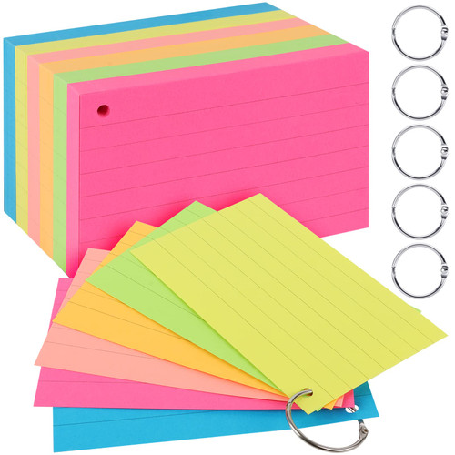 Index Cards 3x5 Inches, 300 Pcs Assorted Neon Color Ruled Index Cards with Ring,Heavy Note Cards, Lined Colored Index Flashcards,Study Cards,Memo Scratch Pad for Home Office School