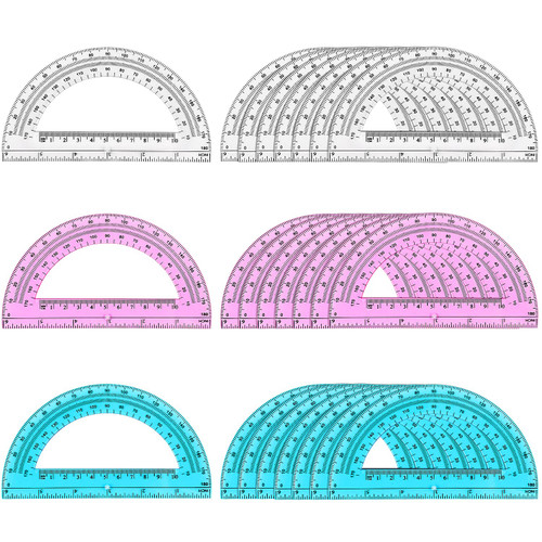 24 Pack Plastic Protractor 6 Inches Math Protractors 180 Degrees for School Office Supplies, Clear/Blue/Pink