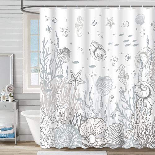 Ikfashoni Nautical Coastal Shower Curtain, Coral Seashell Beach Shower Curtain with 12 Hooks, Ocean Themed Bathroom Curtain, Starfish Seahorse Shower Curtains for Bathroom Decor, 69" x 70" Grey