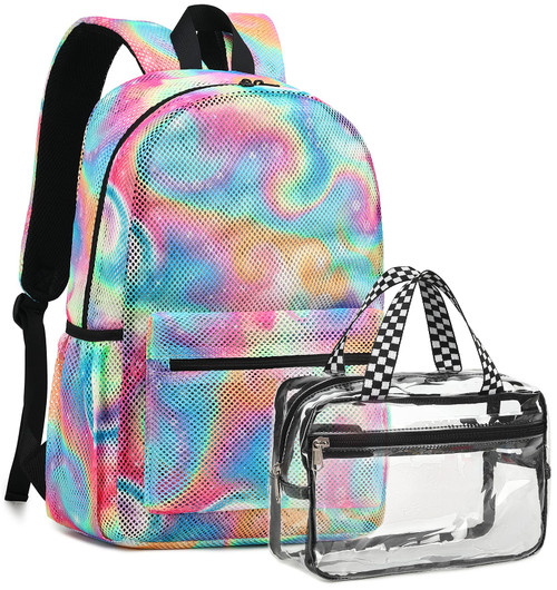 Mesh Backpack for Girls Kids Lightweight See Through Bookbag with Clear Lunch Bag Semi-Transparent School Bag for Swim Sports Travel Pool Beach