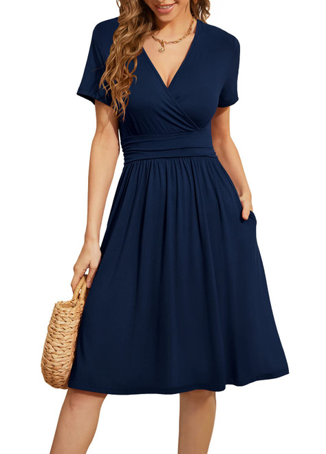 WEACZZY Womens Dresses Short Sleeve Casual Summer Dress V-Neck Party Dress with Pockets, Navy Blue, Small WEACZZY Womens Dresses Short Sleeve Casual Summer Dress V-Neck Party Dress with Pockets, Navy Blue, Small