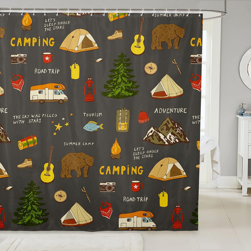 Happy Camping Shower Curtain, Hunting Bear And Pike Fish Bathroom Shower Curtain Sets, Camper Guitar Camera Fabric Shower Curtain, Travel Car Hiking Theme Bath Curtain With Hooks, 72"Wx72"L