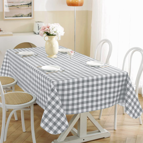Buffalo Plaid Vinyl Tablecloth With Flannel Backing Rectangle 60 x 120 Inch, Waterproof & Scratch Resistant Checkered Table Cloth, Plastic Table Cover for Dining, Party, Indoor, Grey and White