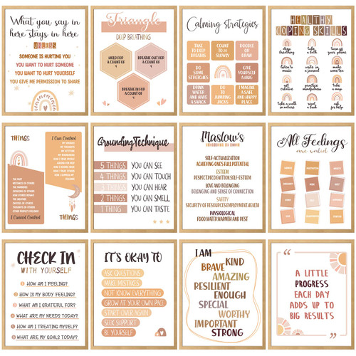 12 Pcs Mental Health Posters Therapy Office Decor 8 x 10 Inch Boho Psychology Poster with Motivational Inspirational Positive Quotes Mindfulness Wall Decor Unframed Canvas Art for Counselor, Therapist