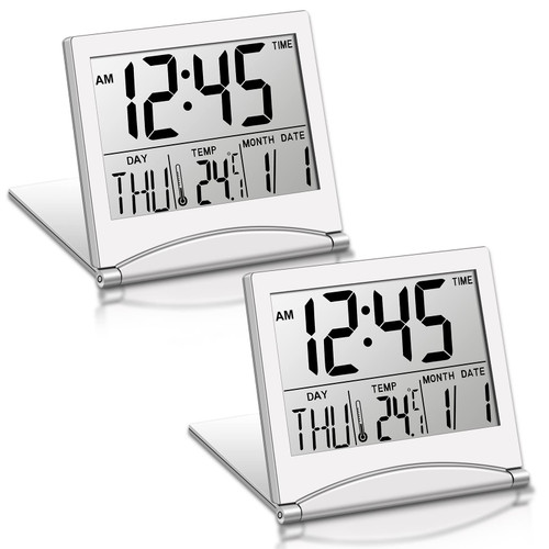 2 Pieces Digital Travel Alarm Clock Battery Operated Foldable LCD Clock with Calendar Temperature Snooze Mode Multifunction Small Desk Clock Portable Clock Large Display Desk Clock (Silver)