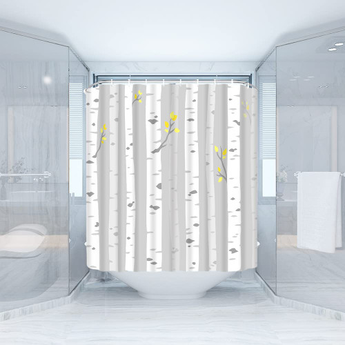 ZRUWUA Birch Tree Shower Curtain Rustic Grey Vintage Wooden Trunk Branch Leaves Forest Plant Retro Country Nature Scenery Rural Polyester Fabric Bathroom Curtain Decor with Hooks,Grey