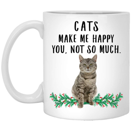 Pet Lovers Funny Gifts Tabby Cat Grey Cats Make Me Happier Christmas 2023 Gifts White Coffee Mug White 11oz