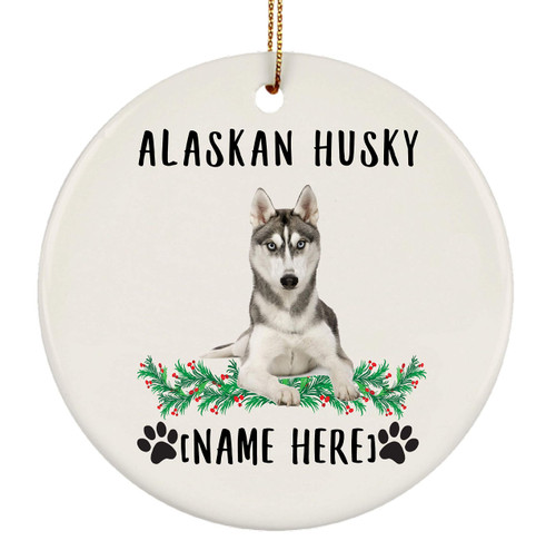 Alaskan Husky Grey Dog Gifts 2023 Christmas Tree Ornaments Personalized with Your Dogs Name Ceramic Circle