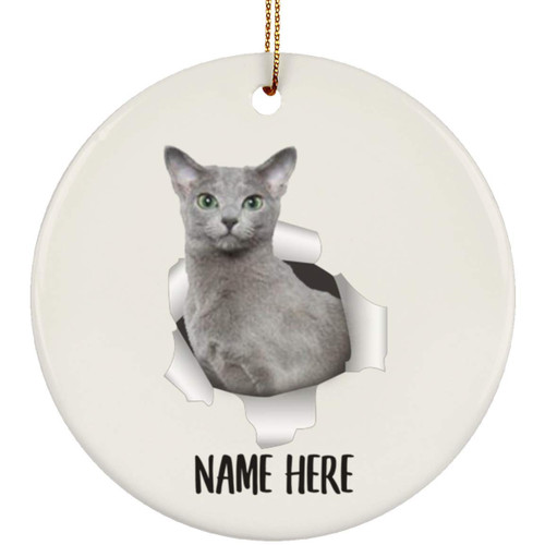 Cute Russian Blue Cat Grey Personalized Name Gifts 2023 Christmas Tree Ornaments Circle Ceramic