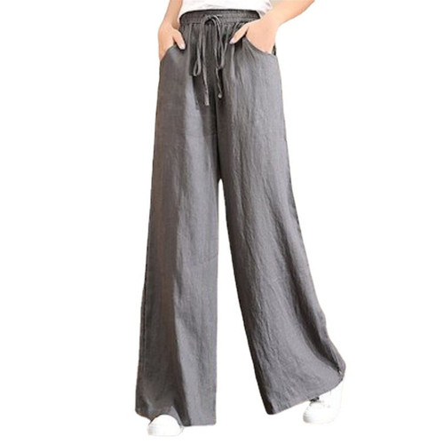 DGHM-JLMY Women's Linen High Waist Straight Leg Pants Plus Size Knit Wide Leg Pant Drawstring Casual Loose Trousers Pockets (Grey,X-Large,5,OZ)