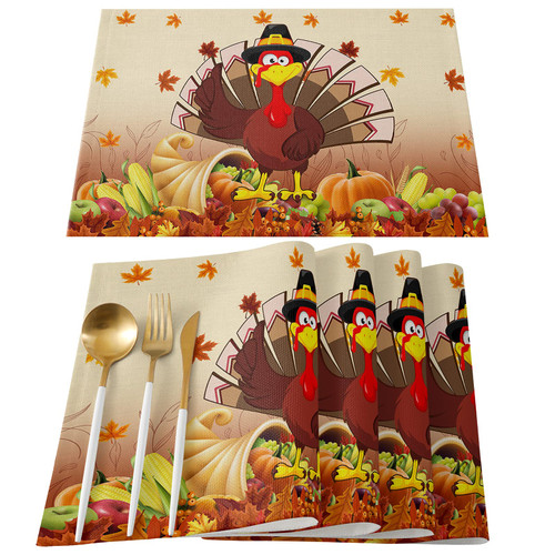 Thanksgiving Turkey Placemats 13x19 Inches, Fall Harvest Pumpkin Maple Leaves Placemats for Dining Table Autumn Seasonal Funny Turkey Place Mats Washable Kitchen Table Mats, Set of 4
