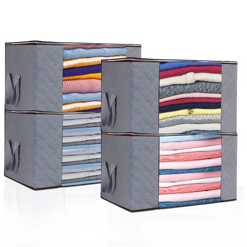 BAHJGER Clothes Storage Bags, 4 Pack 90L Storage Bins Closet Organizer Bags Storage Containers for Blankets, Clothing, Bedding, Closet, Comforters with Handles Thick Fabric Sturdy Zipper, Grey (4pcs)