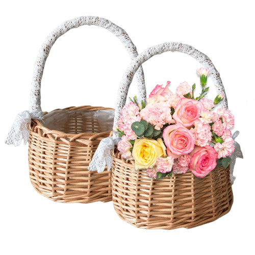 Wicker Rattan Flower Basket, 2Pcs Wedding Flower Girl Basket Willow Handwoven Basket with Handle Woven Eggs Candy Storage Basket for Party Home Garden Decor M