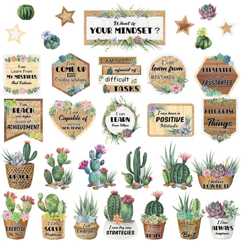 40 Pieces Cactus Growth Mindset Bulletin Board Set Grow You Mindset Positive Sayings Accents Set Classroom Bulletin Board Decoration Back to School Bedroom Playroom Decor