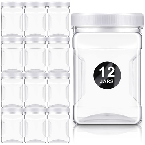 12 Pack Clear Plastic Storage Jars with Lids, 27 oz Square Plastic Containers with Airtight Lids, Paint Storage Containers with Easy Grip Handles, Reusable Wide Mouth Plastic Canisters with Lids