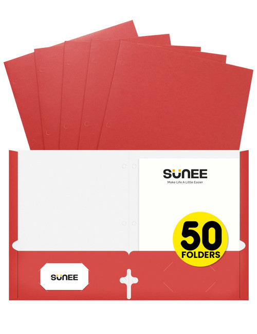 SUNEE Folders with Pockets 3 Hole Punched(50 Pack, Red), 2 Pocket Folders Fit Letter Size Paper, Paper File Folder for School Office Home Bussiness