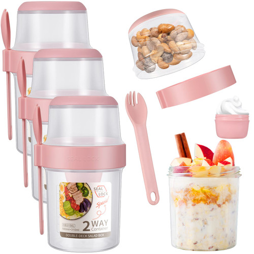 Yaomiao 4 Pack 29 oz Take and Go Breakfast Yogurt Oats Cups Overnight Oats Container with Lid and Spoon Portable and Reusable Yogurt Cup with Topping Cereal Cup for Yogurt Oatmeal Oats (Pink)