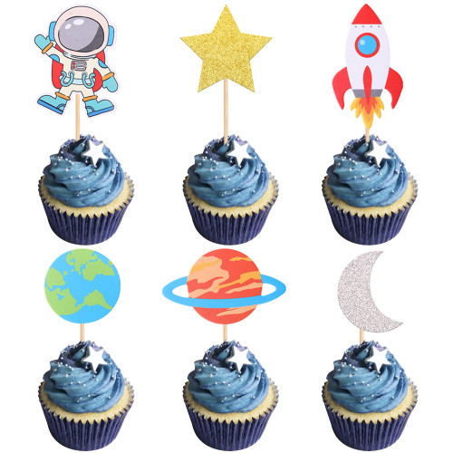 36 Pack Space Astronaut Cupcake Toppers Planet Rocket Spaceship Trip to the Moon Star Cupcake Food Picks Universe Outer Space Theme Baby Shower Kids Birthday Party Cake Decorations Supplies