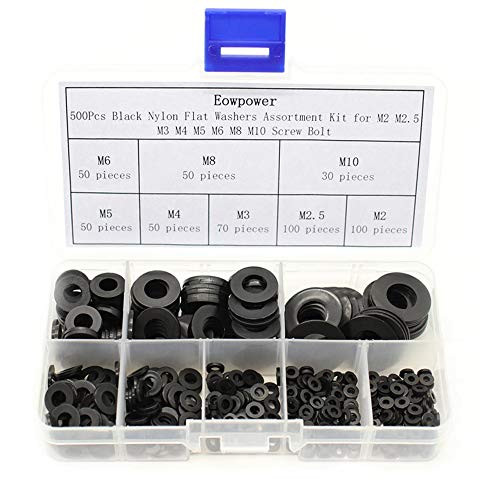 Eowpower 500Pcs Black Nylon Flat Washers Assortment Kit for M2 M2.5 M3 M4 M5 M6 M8 M10 Screw Bolt Eowpower 500Pcs Black Nylon Flat Washers Assortment Kit for M2 M2.5 M3 M4 M5 M6 M8 M10 Screw Bolt
