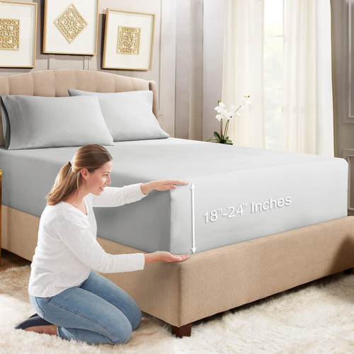 Empyrean Extra Deep Fitted Sheets Twin XL Size - 24" Extra Deep Fitted Sheet with Bonus 1 Pillowcase - 2 Piece Extra Deep Fitted Bed Sheet - Extra Deep Twin XL Fitted Bed Sheets - Silver Light Gray
