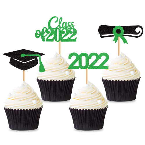 Cyodoos Pack of 24 2022 Graduation Cupcake Toppers Congrats Grad Cupcake Picks with Diploma, Class of 2022, 2022, Grad Cap Food Picks for Graduate Party Supplies-Green Glitter