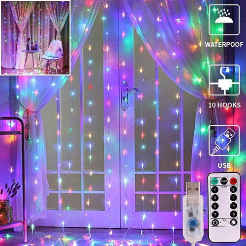 300 LED Window Curtain String Colorful Light with 8 USB Lighting Modes Remote 3mx3m Twinkle Light Waterproof Outdoor for Decoration Fairy Copper Wire Light for Christmas Wedding Party Indoor Bedroom