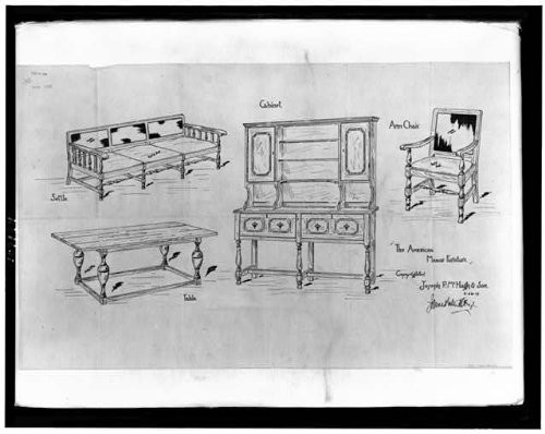 HistoricalFindings Photo: American Manor Furniture,Table,Cabinet,arm Chair,Sketch,James Paten McHugh,c1917
