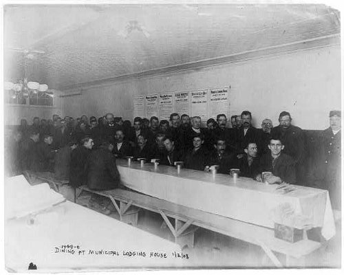 HistoricalFindings Photo: Dining,Municipal Lodging House,New York City,NYC,Group of Men Around Table,1908