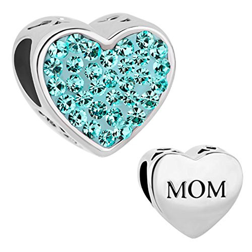 ReisJewelry Mom Charm Heart Love Crystal Charms Bead for Bracelet (Peacock Blue)