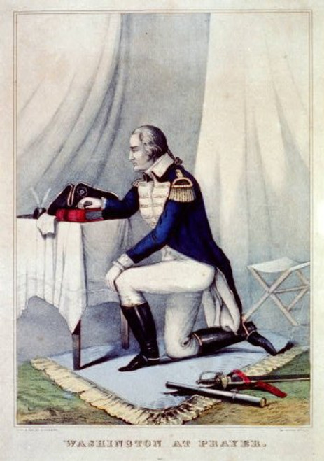 HistoricalFindings Photo: George Washington at Prayer,1840-1860,Currier & Ives Photo,Kneeling,Table